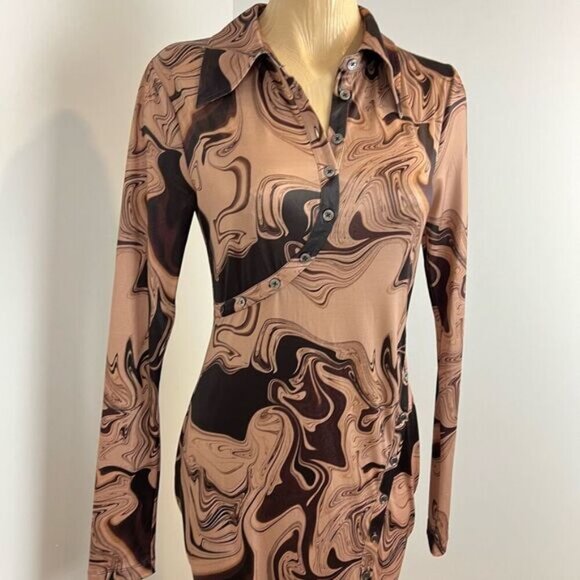 Song of Style Rommie Mesh Dress Brown Marble Women’s Small Long Sleeve Stretch - Picture 2 of 15